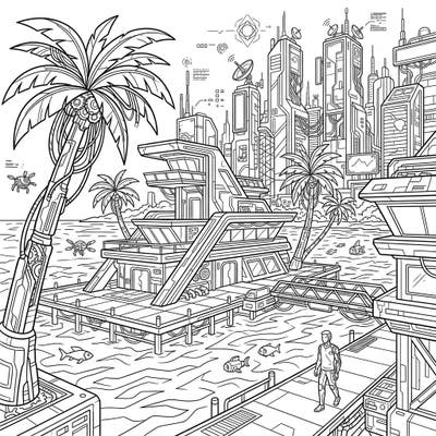 Experience a vacation like no other with our Cyberpunk Resort Island coloring page. This intricate design blends tropical serenity with a high-tech, futuristic aesthetic, offering a truly unique coloring challenge.