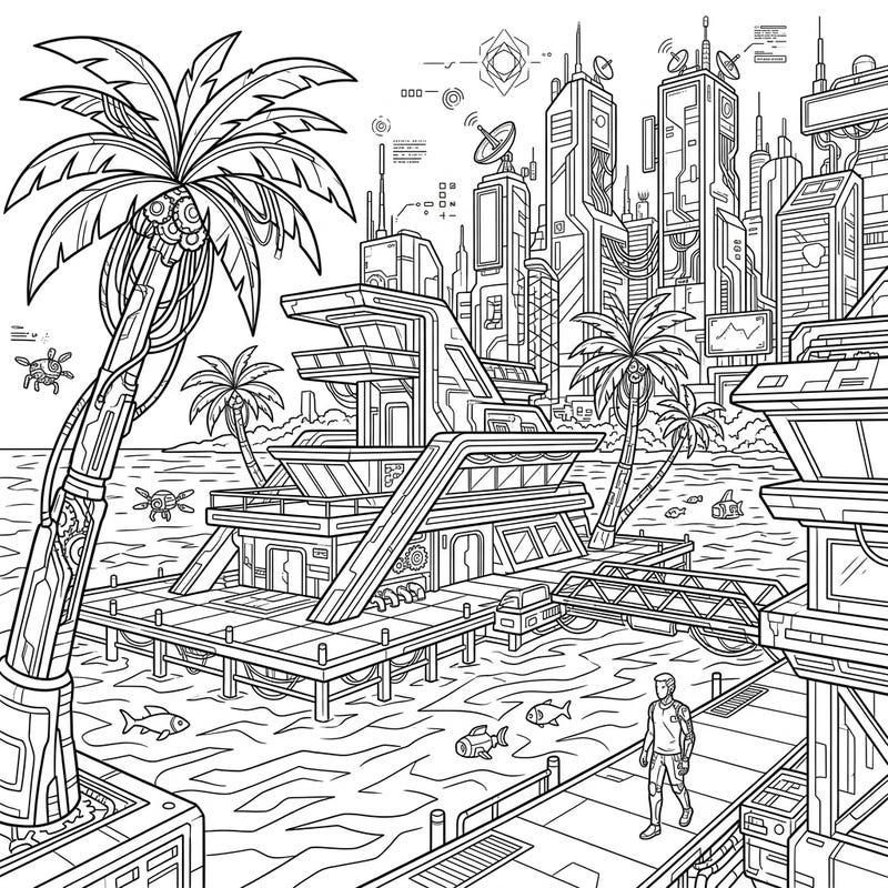 Experience a vacation like no other with our Cyberpunk Resort Island coloring page. This intricate design blends tropical serenity with a high-tech, futuristic aesthetic, offering a truly unique coloring challenge.