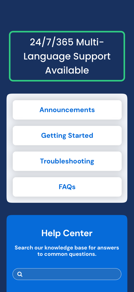GigSky app help center interface with 24/7 multi-language support and searchable knowledge base.