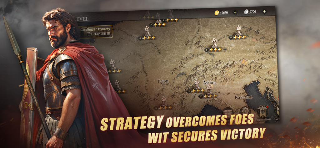 Grand War 4: Medieval Strategy - A medieval commander standing next to a tactical campaign map of Europe with the text strategy overcomes foes