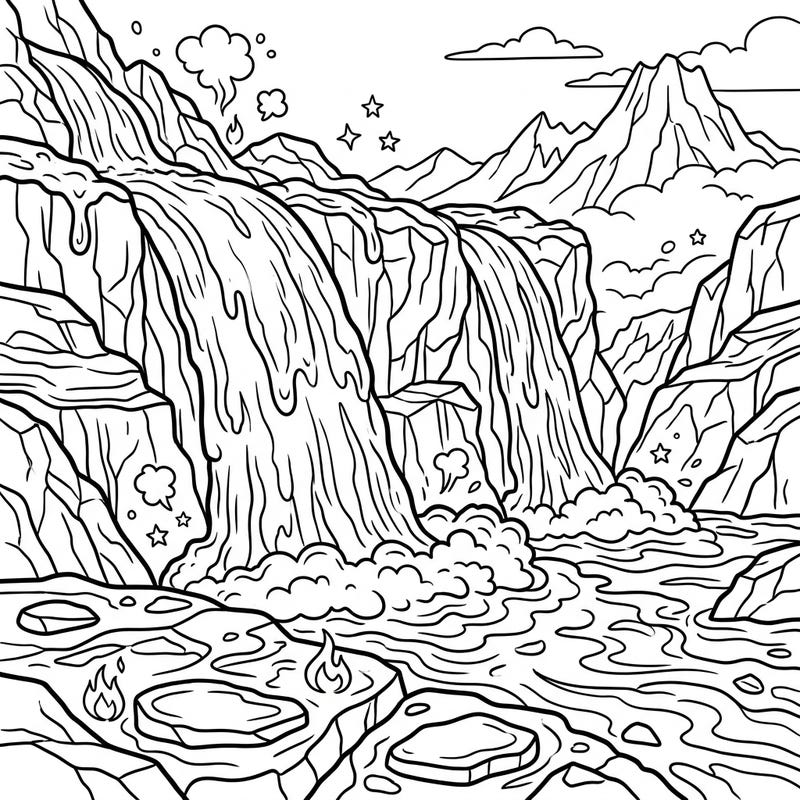 Dive into a fiery adventure with this exciting Kids' Lava Cascades coloring page! Watch as spectacular molten rock tumbles down cliffs like a powerful waterfall, ready for your creative touch.
