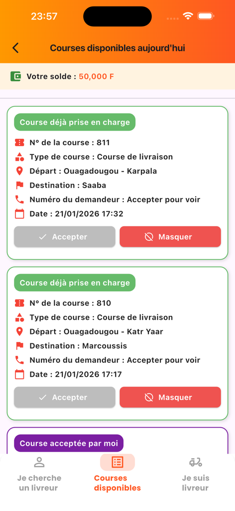 Faris - Faris app interface showing available delivery tasks and service requests in Ouagadougou