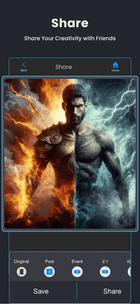 Double Exposure: Photo Merge - A screenshot of the Share screen in the Double Exposure app showing an artistic photo of a man with fire and ice effects and various social media sharing buttons.