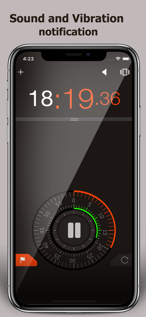 Stopwatch ٞ - Interfaz de la aplicación de cronómetro en iPhone con notificaciones de sonido y vibración