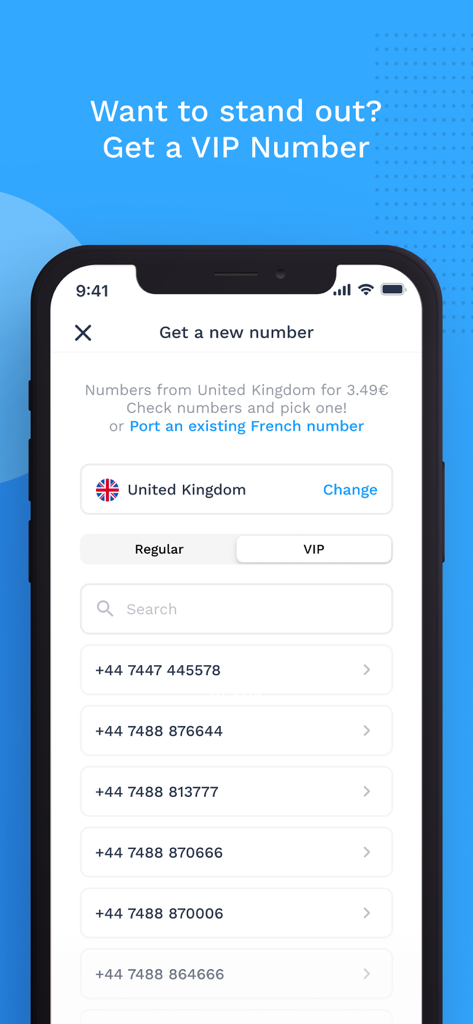 Onoff Numbers - Onoff Numbers App-Oberfläche zur Auswahl einer VIP-Telefonnummer aus dem Vereinigten Königreich.