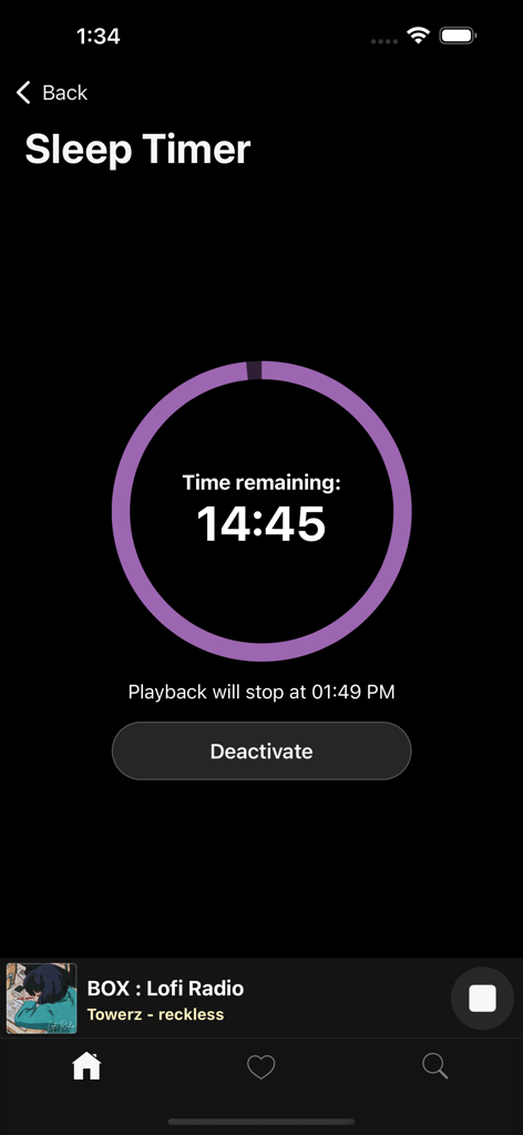VRadio app sleep timer showing time remaining and lofi music playback