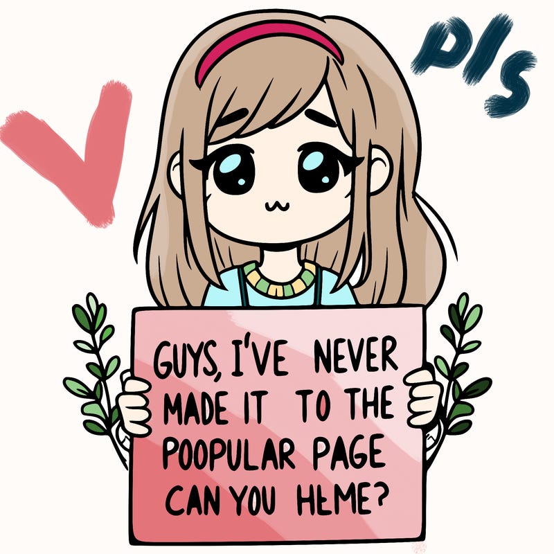a girl holding up a sign that says, guys, i’ve never made it to the popular page, can you help me?