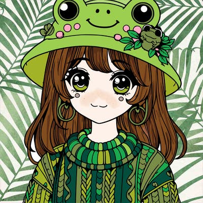 realistic girl wearing frog sweater and a frog hat with frog earrings