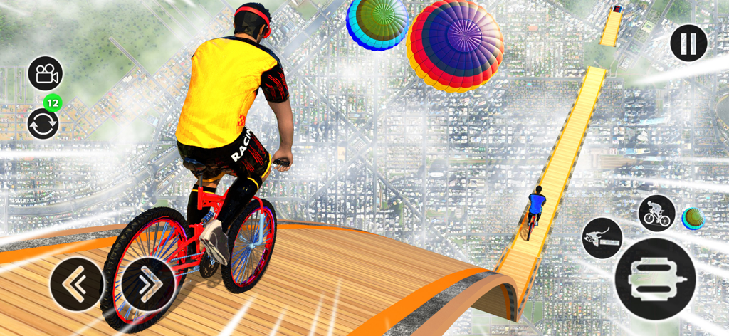 BMX Rider: Cycle Stunt Game - A BMX rider cycling on a narrow wooden ramp high above a city with hot air balloons in the sky.