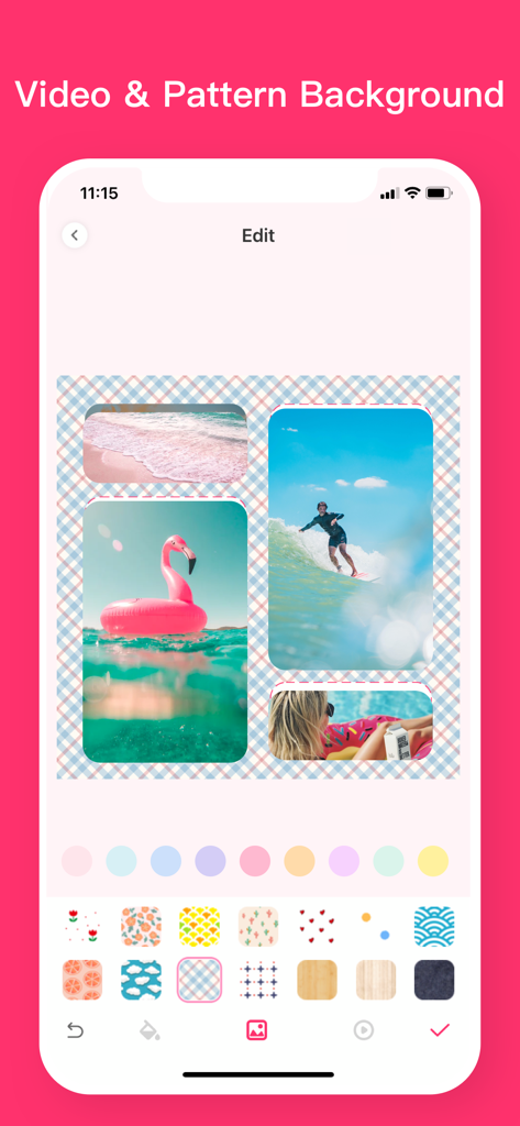 Video Collage App - VidGridアプリのインターフェース。市松模様の背景と編集ツールを備えたビデオコラージュが表示されている。