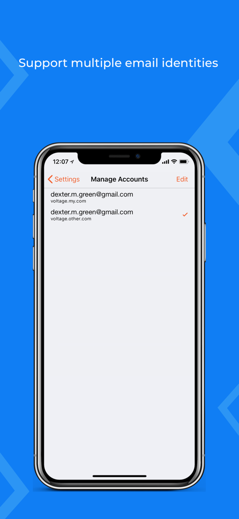 Voltage Mail app screen for managing multiple secure email identities