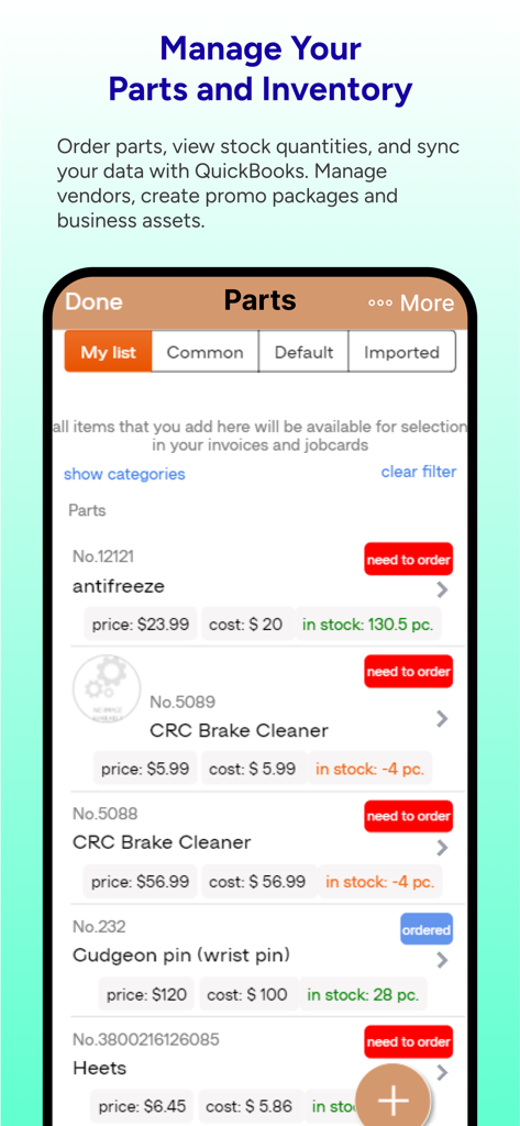 Interfaccia dell'app ARI che mostra l'inventario dei ricambi auto e la gestione dei livelli di scorta.