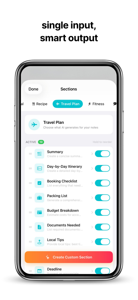 Wiz Note AI: Smart Notes - Pantalla de la aplicación Wiz Note AI que muestra secciones inteligentes personalizadas para la categoría de notas de plan de viaje.