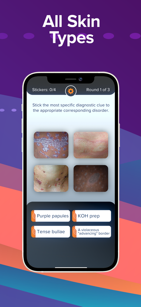 Top Derm App-Spielbildschirm mit dermatologischen klinischen Bildern auf verschiedenen Hauttypen und diagnostischen Bezeichnungen