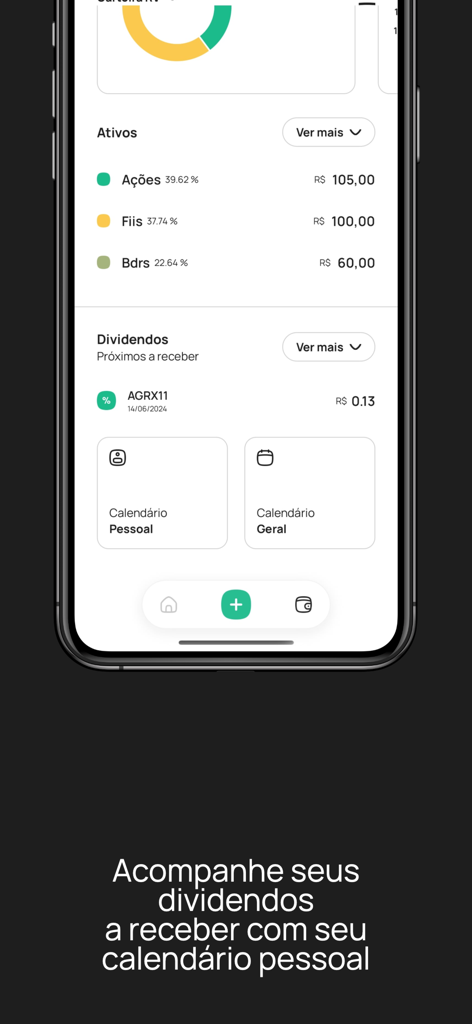 Planeo - L'interface de l'application Planeo montrant les actifs d'investissement et les dividendes à venir avec une vue calendrier épurée.