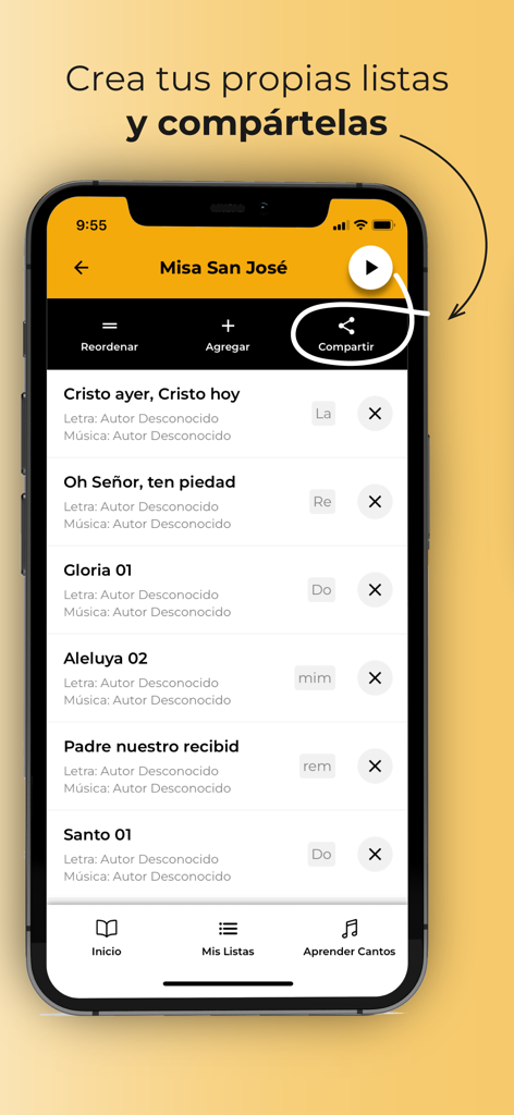Canto Católico - Canto Católico app interface showing how to create and share liturgical song lists