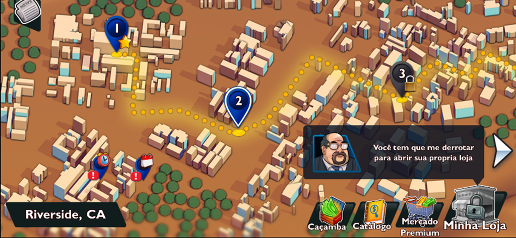 Bid Wars: Storage Auction Game - Riverside city map in the Bid Wars mobile game showing level selection and character dialogue