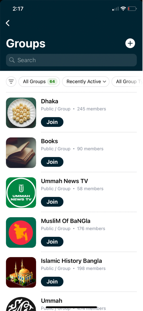 Alfafaa Community - Screenshot of the Alfafaa Community app showing a list of public groups like Ummah News TV and Islamic History Bangla with join buttons.