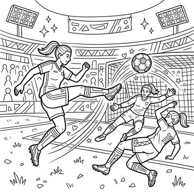 Capture the electrifying moment of a soccer goal being scored with this dynamic coloring page, perfect for sports fans. This action-packed scene features players in full motion, ready for you to bring their vibrant energy to life.