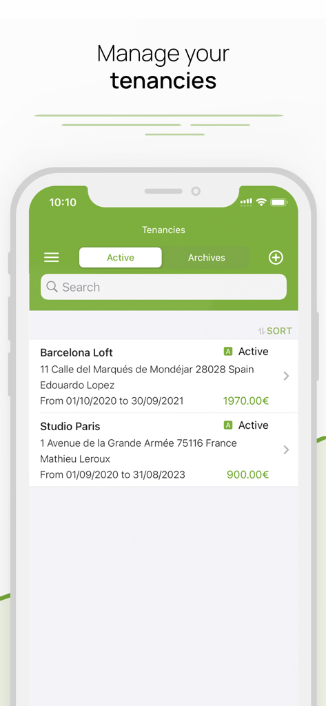 A mobile screen from the Rentila app displaying a list of active rental property tenancies