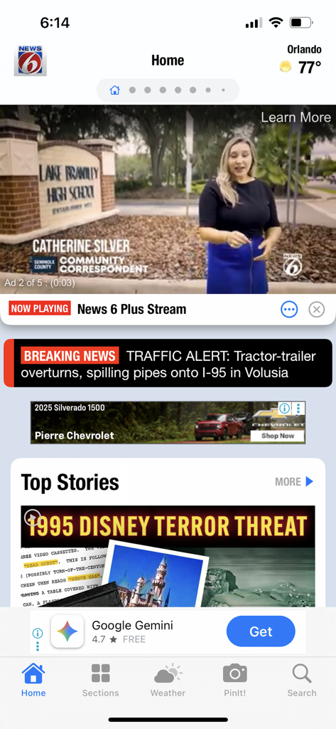 News 6 ClickOrlando - WKMG - News 6 ClickOrlando app home screen showing breaking news traffic alerts and local stories