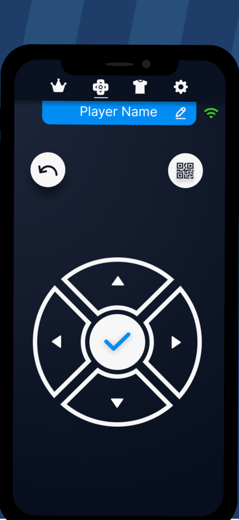 Play Friends: Party Games - A smartphone interface showing a virtual gamepad with directional arrows and a center select button for a party game.