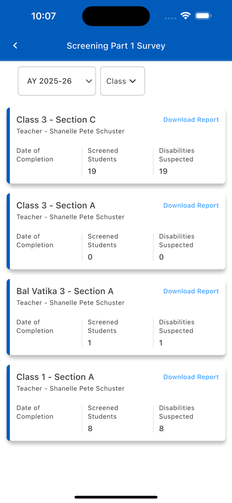 Screening Part 1 Survey dashboard showing class statistics and report download options
