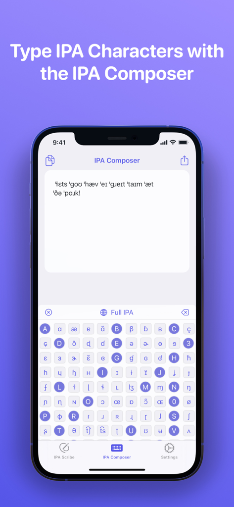 IPA Scribe: IPA Transcriptions - A screenshot of the IPA Scribe app showing the IPA Composer interface with a specialized phonetic symbol keyboard and transcribed text on a smartphone.