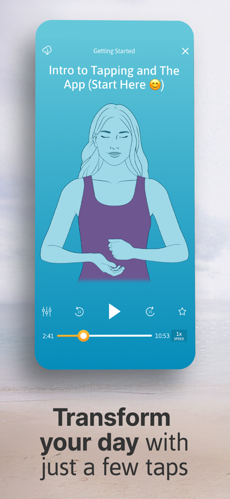 Uma tela de celular mostrando uma sessão de meditação guiada no aplicativo The Tapping Solution com uma ilustração demonstrando técnicas de tapping