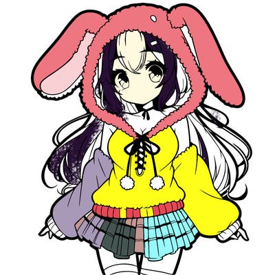 pretty anime girl wearing a fluffy hoodie with bunny ears on the hood and a skirt