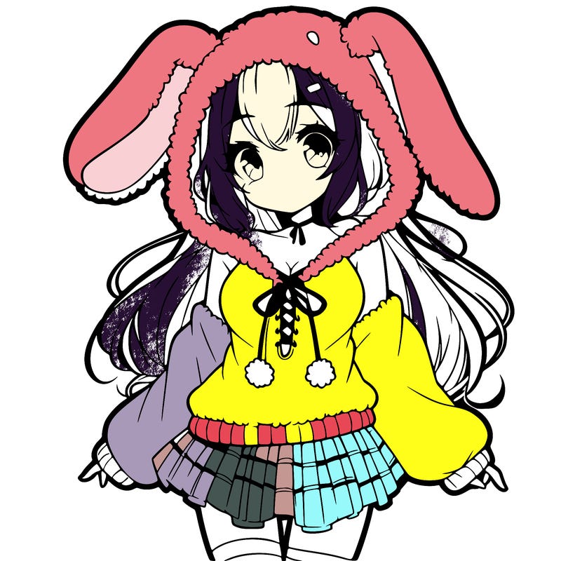 pretty anime girl wearing a fluffy hoodie with bunny ears on the hood and a skirt