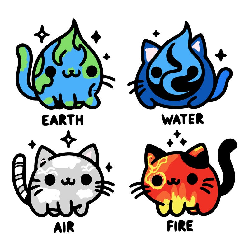 4 cats that represent the different elements, earth, water, air, and fire