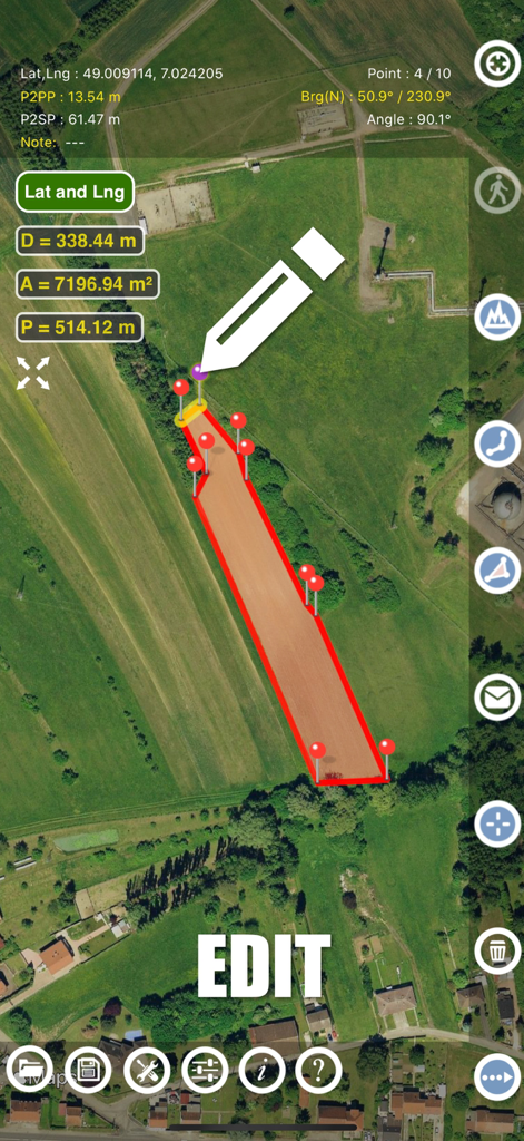 Planimeter GPS Area Measure - Planimeter app interface showing manual editing of land area measurements on a satellite map