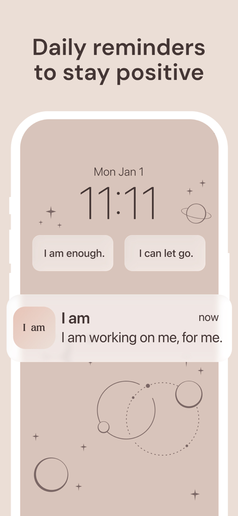 Una schermata di blocco dell'iPhone che mostra affermazioni positive giornaliere e una notifica dall'app I am