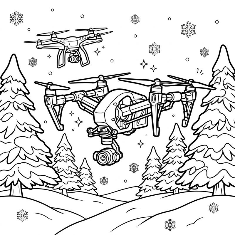 Prepare for a high-tech adventure with this captivating coloring page featuring two dynamic drones soaring through a peaceful winter landscape. Unleash your creativity as you bring vibrant colors to the snow-covered trees and intricate drone designs.