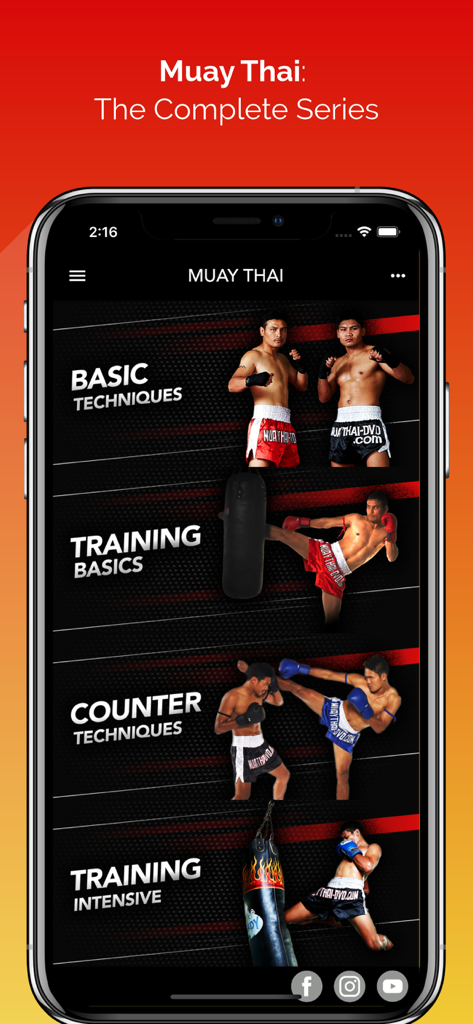 Muay Thai app menu displaying instructional training sections and techniques
