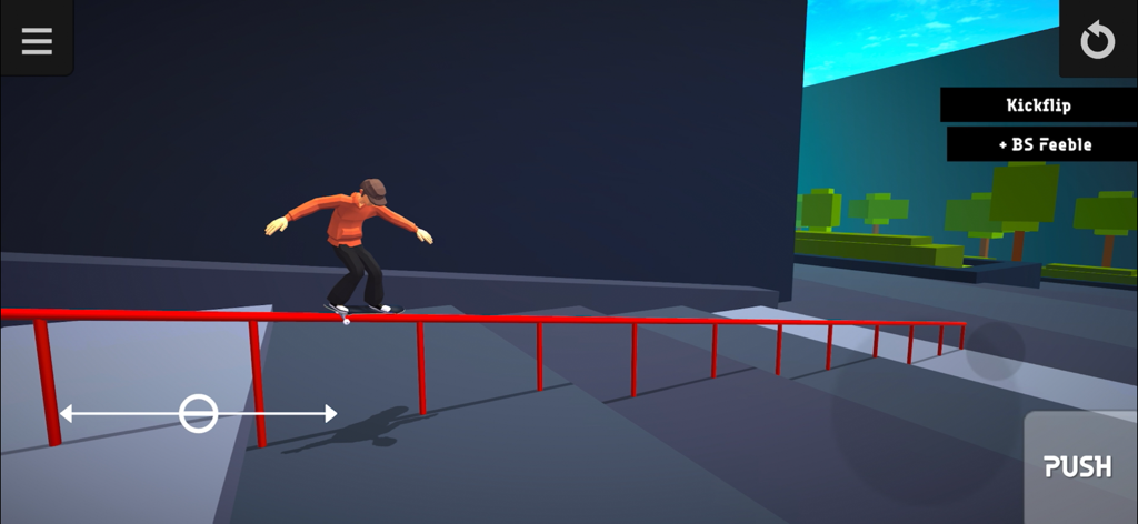 Skater Mobile - A character performing a kickflip to backside feeble grind on a red handrail in Skater Mobile