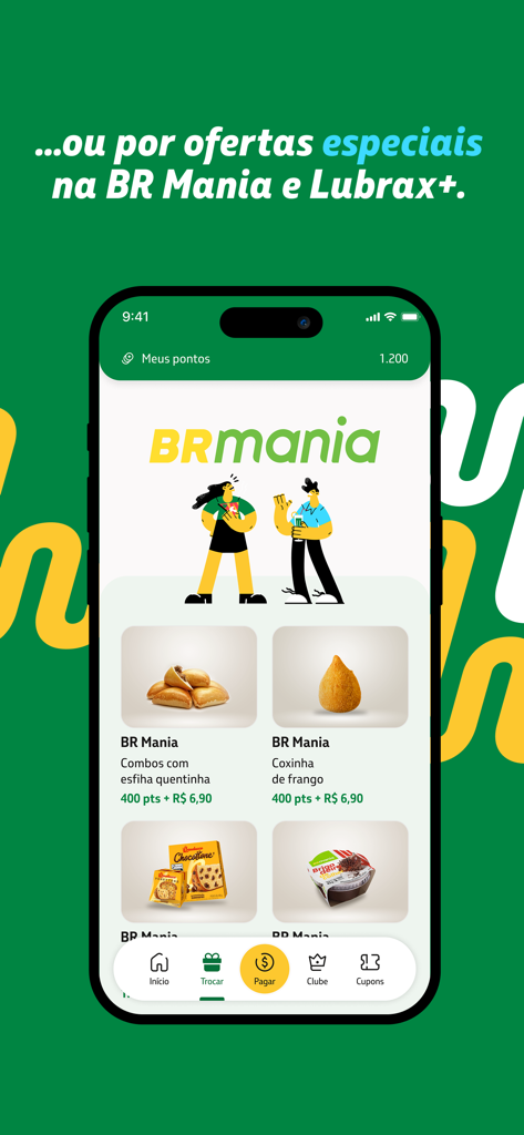 Interface do app Petrobras Premmia mostrando recompensas de pontos de fidelidade para lanches nas lojas de conveniência BR Mania