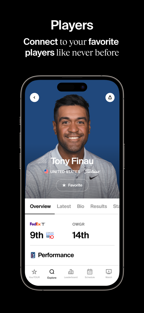 PGA TOUR app player profile for Tony Finau showing world golf rankings and performance stats
