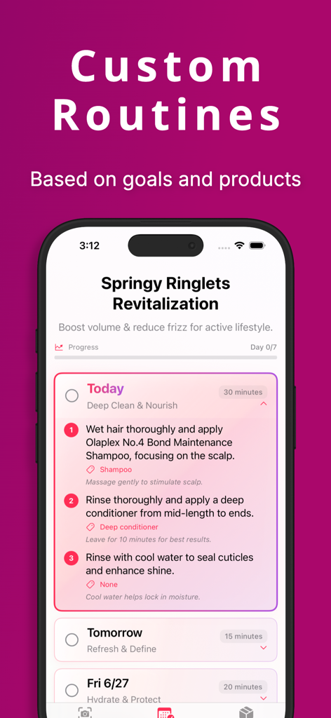 Curly Hair Scanner & Care Plan - A personalized curly hair care plan showing daily wash and styling steps in the app interface.
