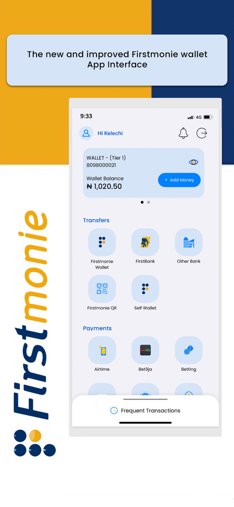 Firstmonie Wallet - Dashboard of the Firstmonie Wallet app showing wallet balance and icons for money transfers and bill payments