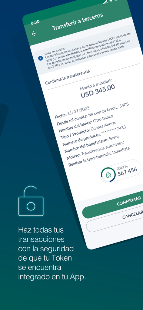 Banesco Panama mobile app screen showing a secure transfer confirmation with an integrated digital token for transaction safety
