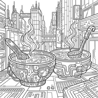 Experience a unique blend of comfort food and futuristic flair with this captivating coloring page featuring steaming tomato soups. Immerse yourself in a detailed cyberpunk cityscape as you bring this high-tech culinary scene to life.