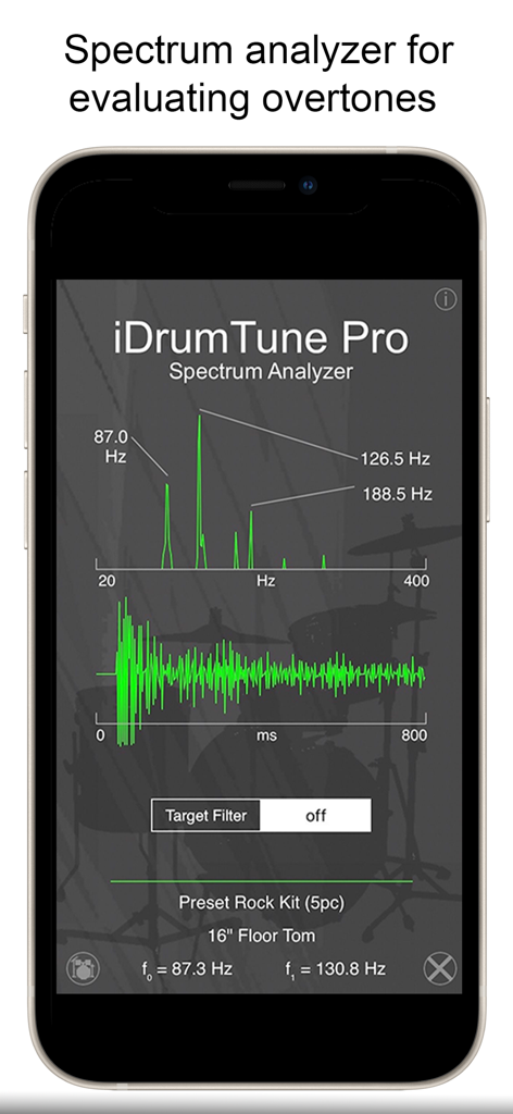 Drum Tuner - iDrumTune Pro - iDrumTune Pro app spectrum analyzer displaying overtone frequencies and sound waveforms for a floor tom drum