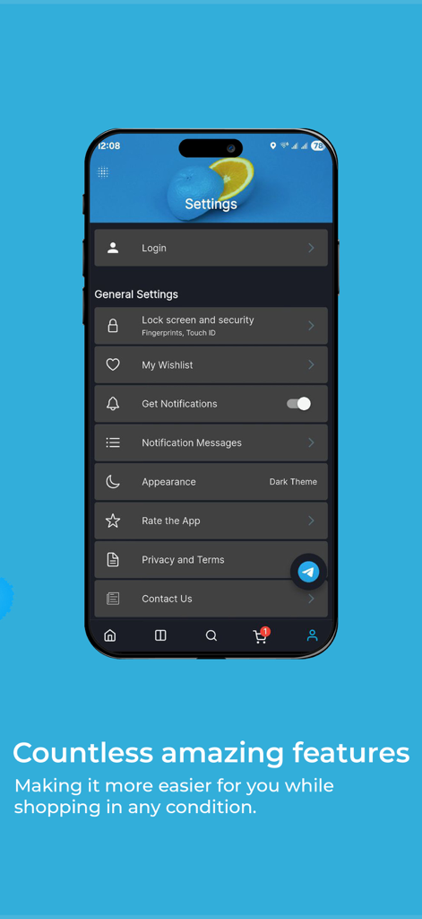 Brundo Shopping - Ethiopia - Brundo Shopping app settings menu with options for wishlist notifications and dark mode.