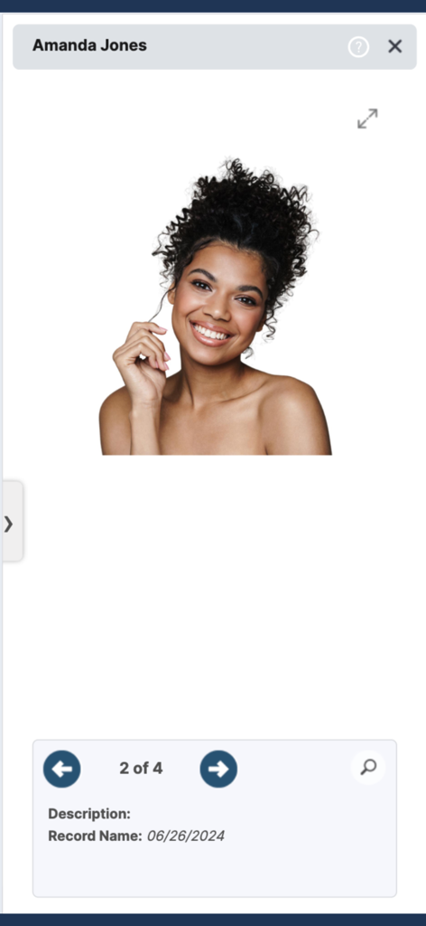 AestheticsPro - A patient photo record within the AestheticsPro app showing a clinical headshot and date details