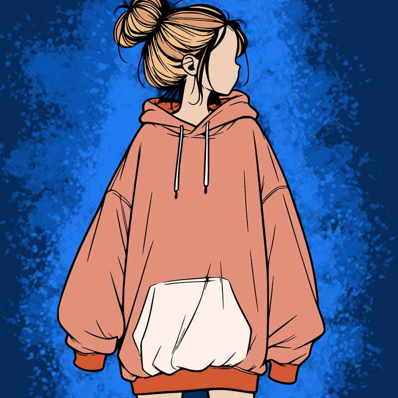 realistic girl with a oversized sweatshirt on and a bun