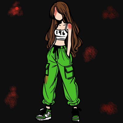 girl in baggy pants crop top and long hair