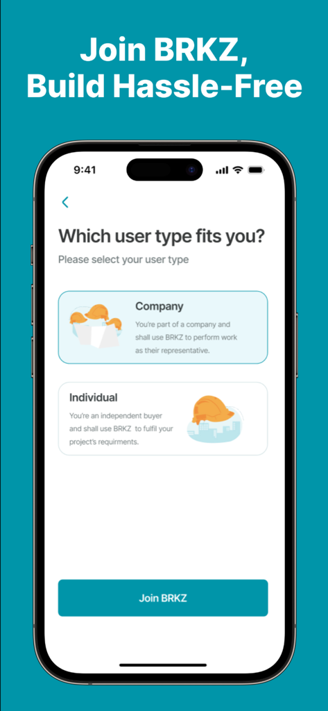 BRKZ - BRKZ app onboarding screen where users choose between company or individual account types for building material procurement.