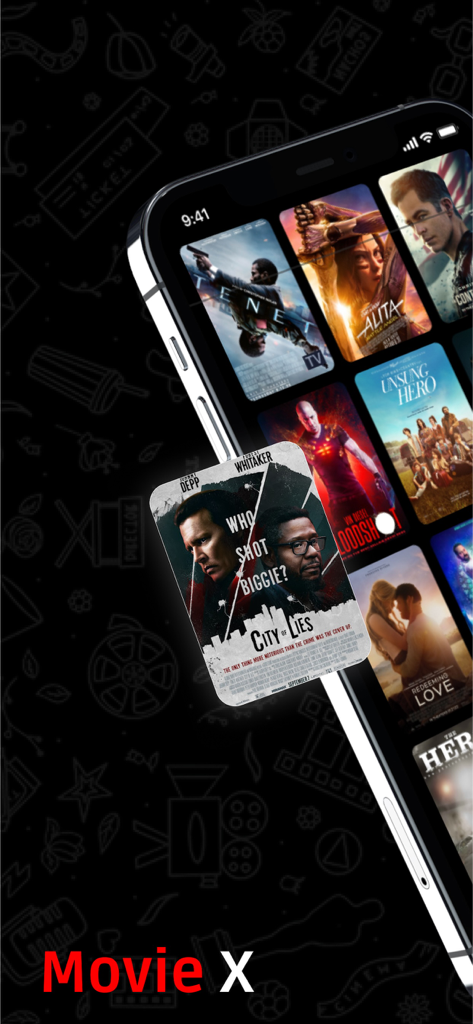 MovieX - Movie & TV Show - Interfaz de la aplicación MovieX mostrando una cuadrícula de pósteres de películas y series populares en la pantalla de un smartphone